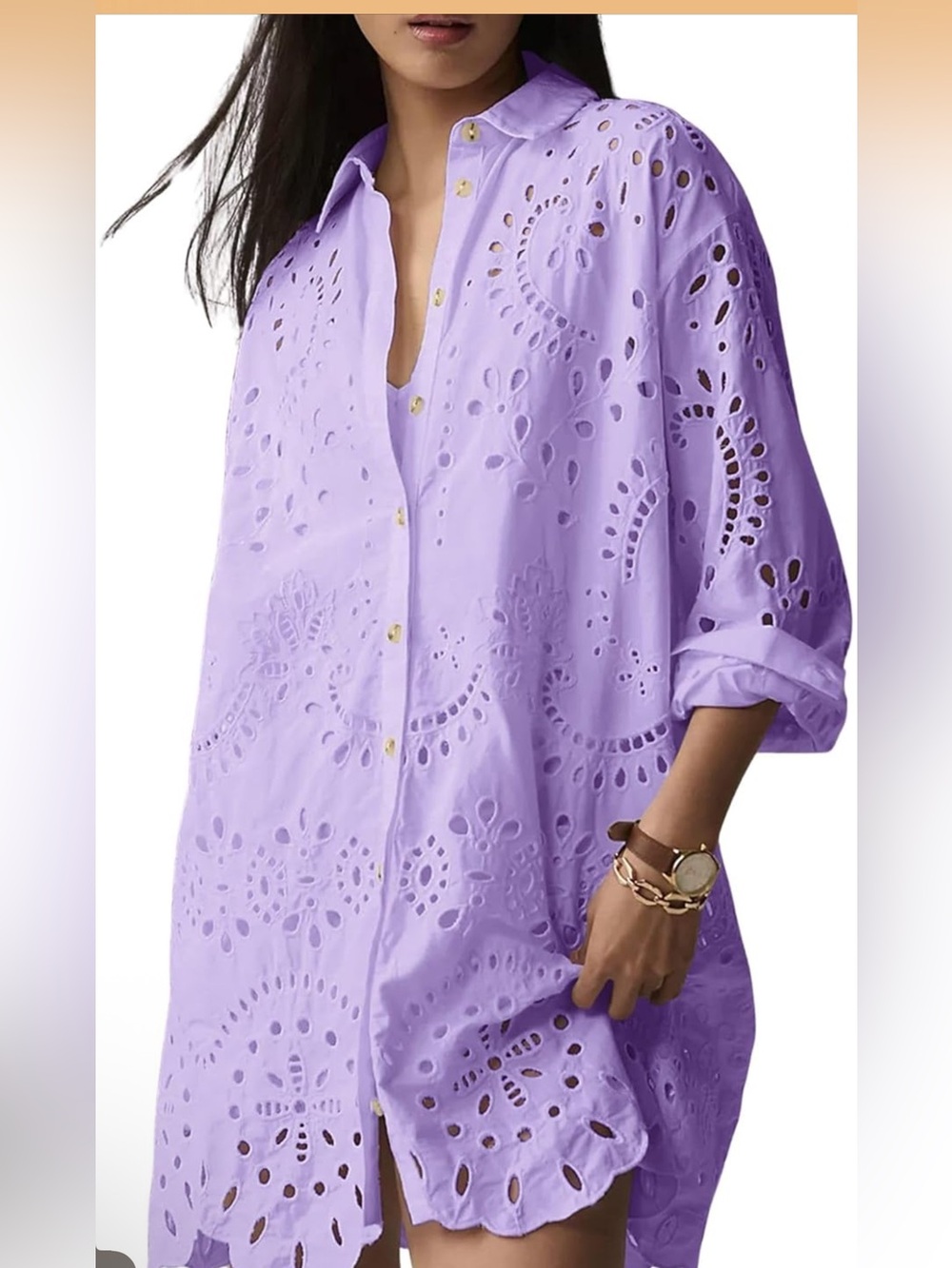 NWR Chartou Relaxed Eyelet Button-Front Shirt Cover Lilac Sz S